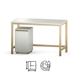 B-DES3 proste biurko z kontenerkiem, szafką. Drewniane nogi, do wyboru wiele kolorów, drewnopodobnych dekorów, sklejka i fornir.